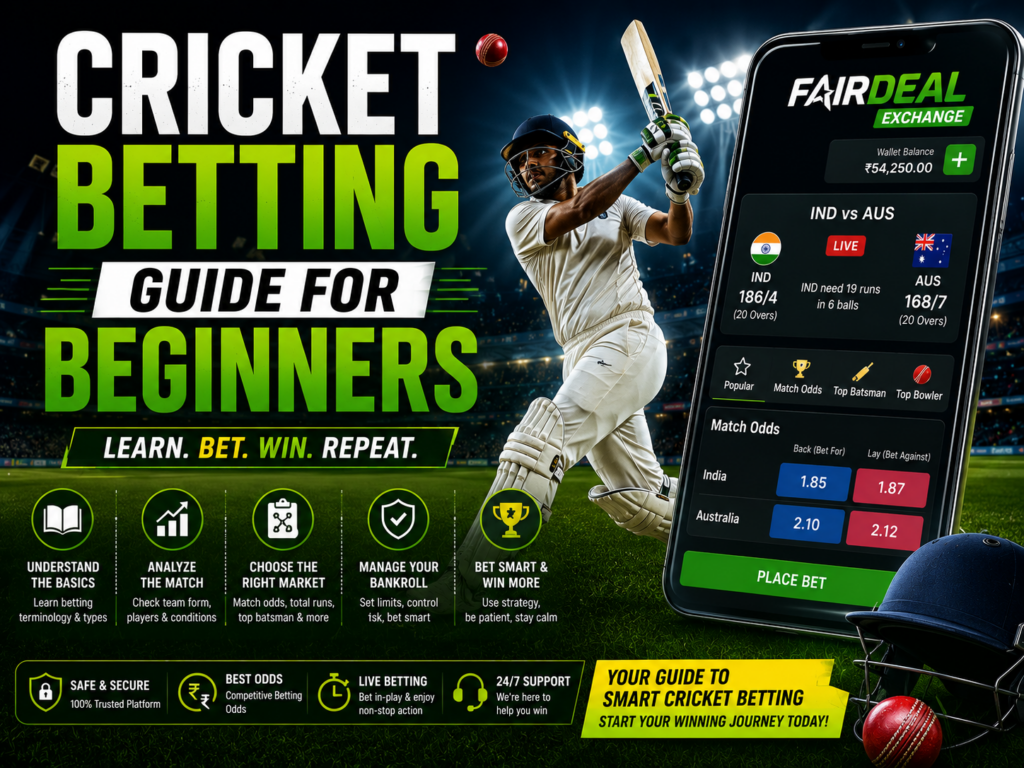 Cricket betting guide for beginners featured image showing cricket player, live betting app interface, match odds, and beginner-friendly cricket betting tips and strategies for 2026.